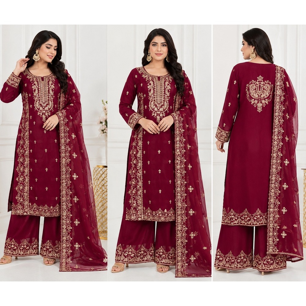 Maroon Gold Embroidered 3-Piece Pakistani Salwar Kameez Suit • NWT • M